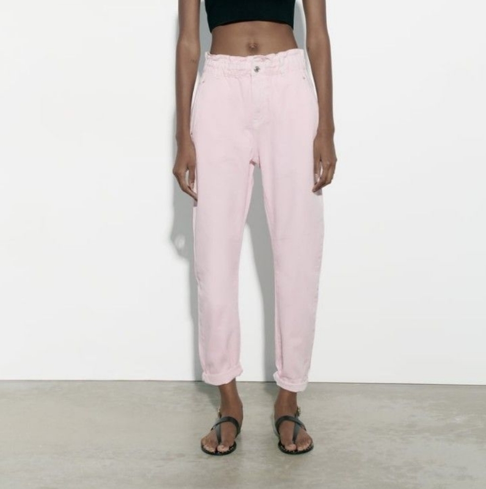 Zara Paper Bag Jeans In Light Pink